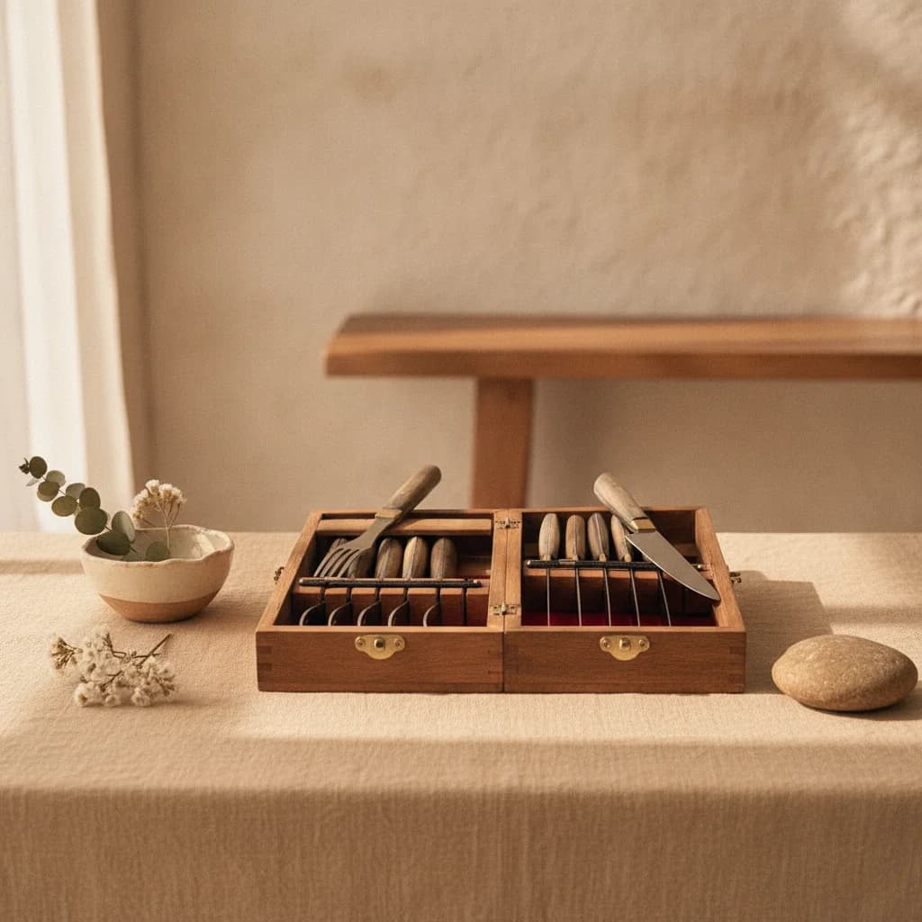 Box de madera x 6 juegos de cubiertos de mesa
