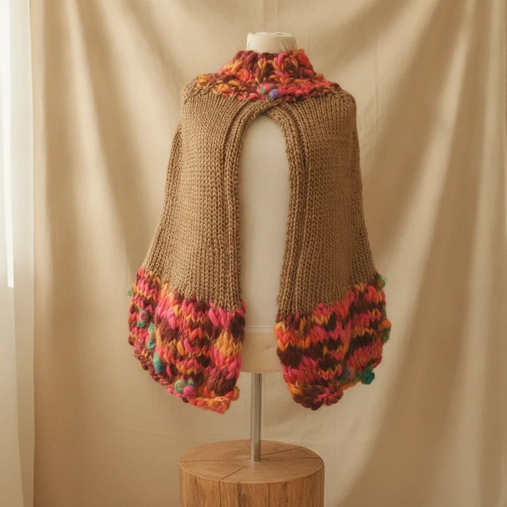 Poncho de lana abierto unitono con detalles de lana en colores