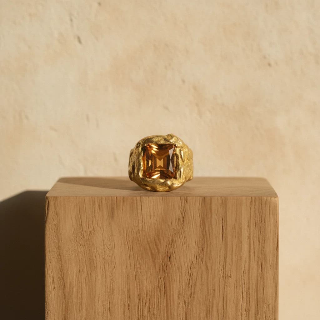 Anillo de bronce con cubic ámbar hecho a mano. Pieza Unica