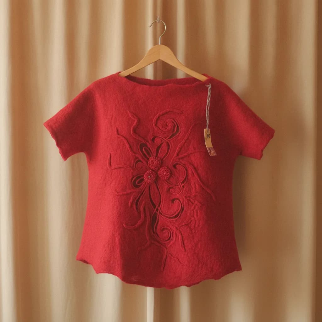 Pull rojo de fieltro con intervención de encaje al tono
