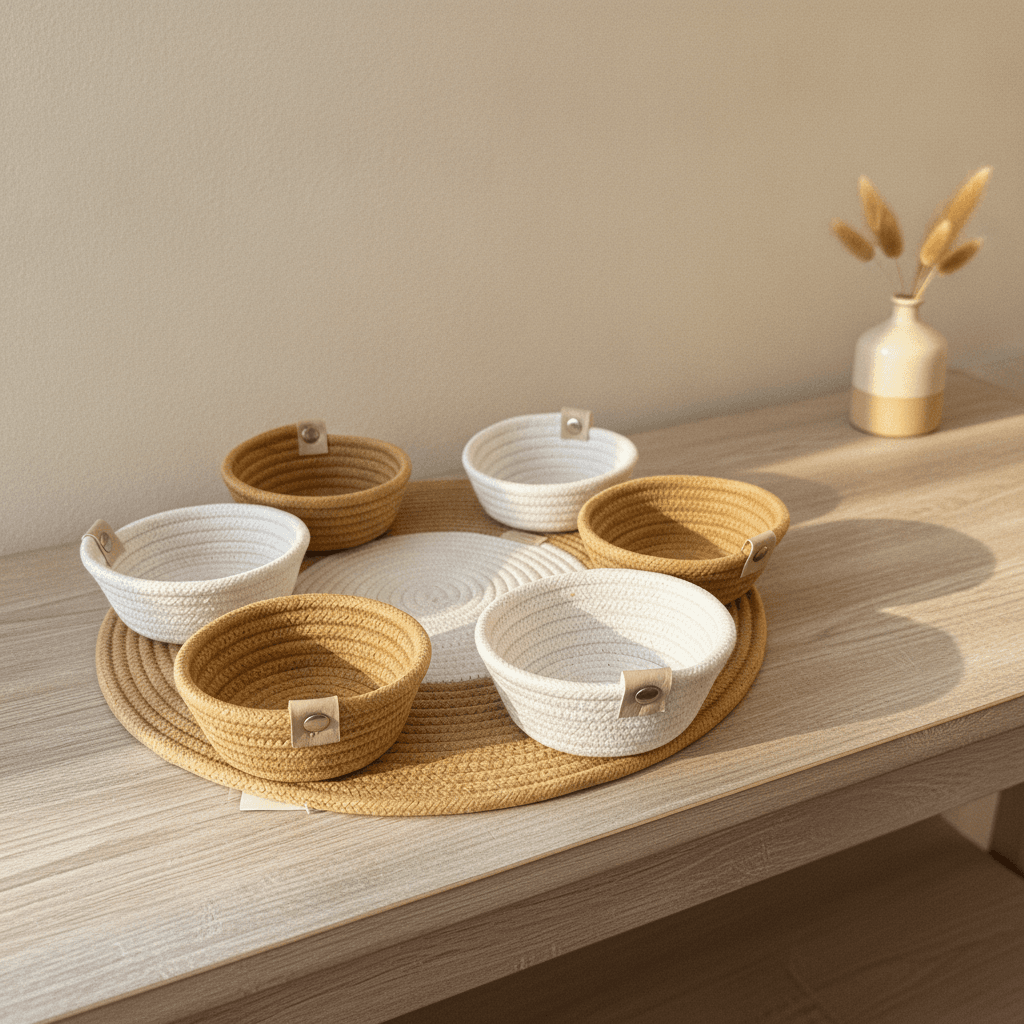 Plato con seis potes decorativos