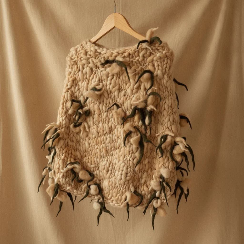 Poncho de pura lana con flores artesanales aplicadas