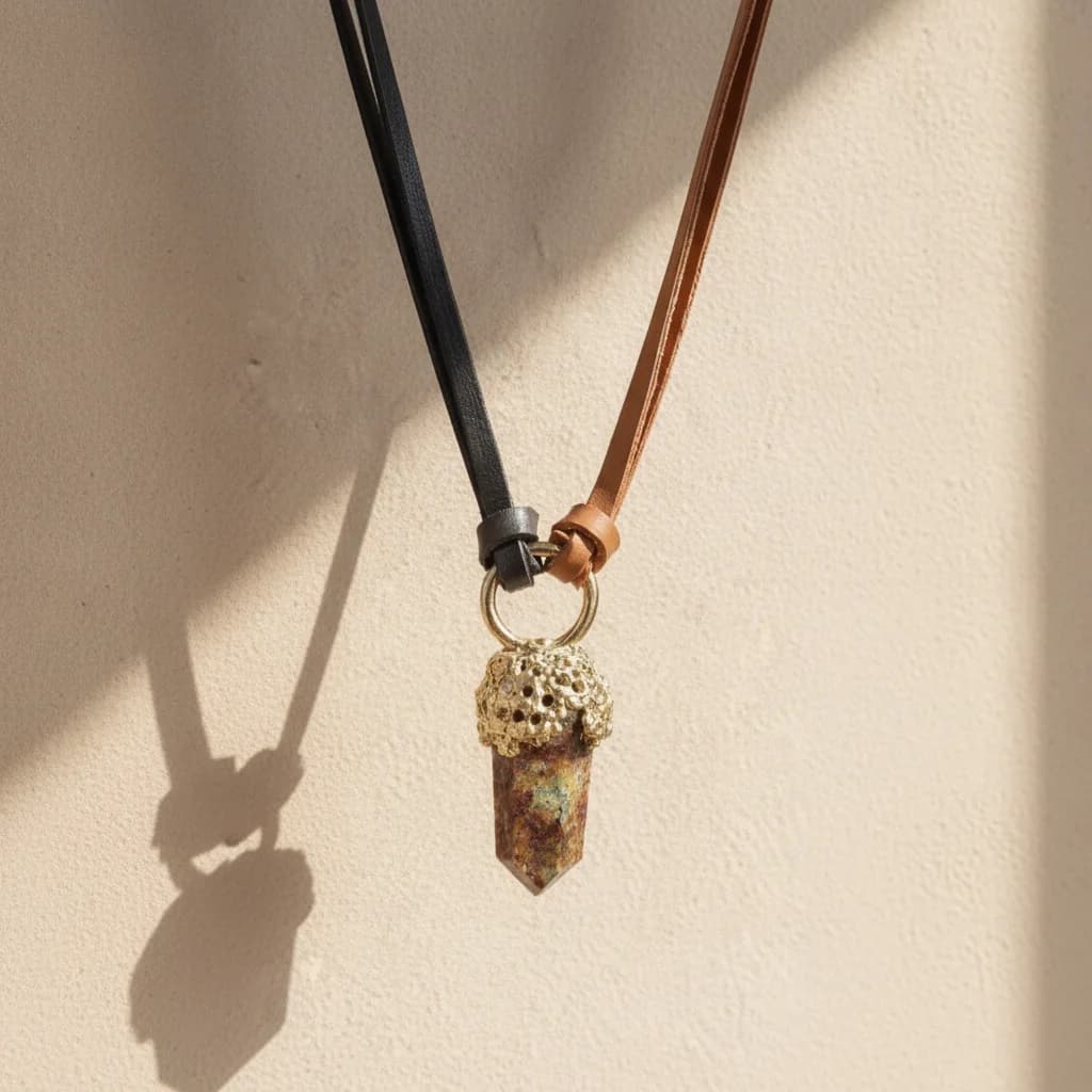 Colgante de bronce con cuarzo y cuero